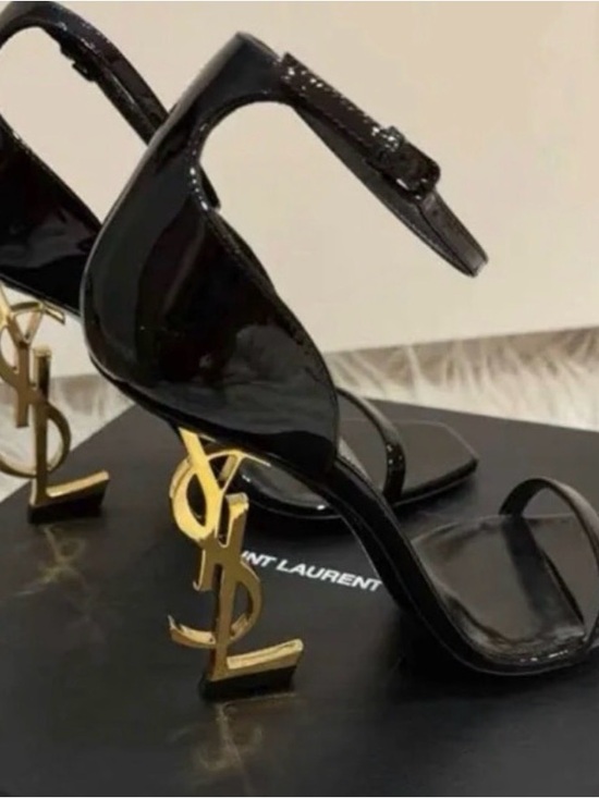 Yves Saint Laurent Shoes - Yves Saint Laurent Black Patent Heels with Gold YSL Logo Heel